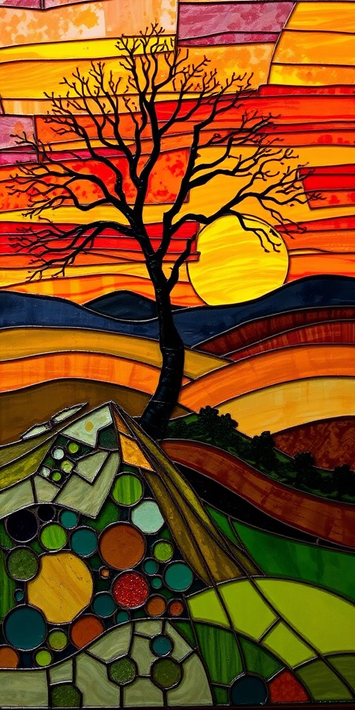A vibrant abstract painting on Tiffany Glass, blending acrylic and alcohol ink techniques, captures a dramatic sunset over rolling hills. The artwork features a textured, rocky foreground in green and brown, layered abstract hills, and a striking sunset in rich oranges, yellows, and reds. A solitary black tree with intricate branches contrasts against the fiery sky, creating a dynamic and expressive portrayal of a breathtaking natural scene.