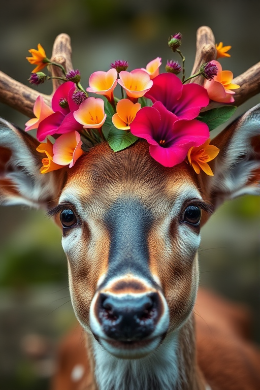 A close-up of a deer with floral elements adorning its antlers, vibrant colors, high resolution, f/2.8 aperture, 50mm lens, natural lighting, DSLR camera, shot from eye level.