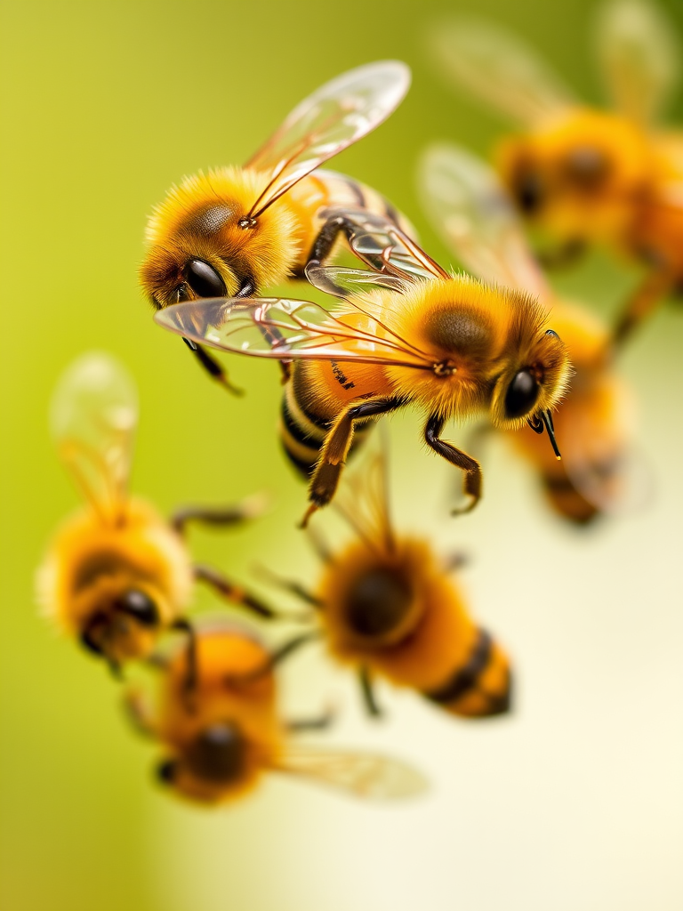 Create a high-resolution image of multiple bees in flight, captured in macro view with a shallow depth of field, using a DSLR camera with a 100mm macro lens at f/2.8, 1/200s shutter speed, ISO 200 for optimal clarity and detail.