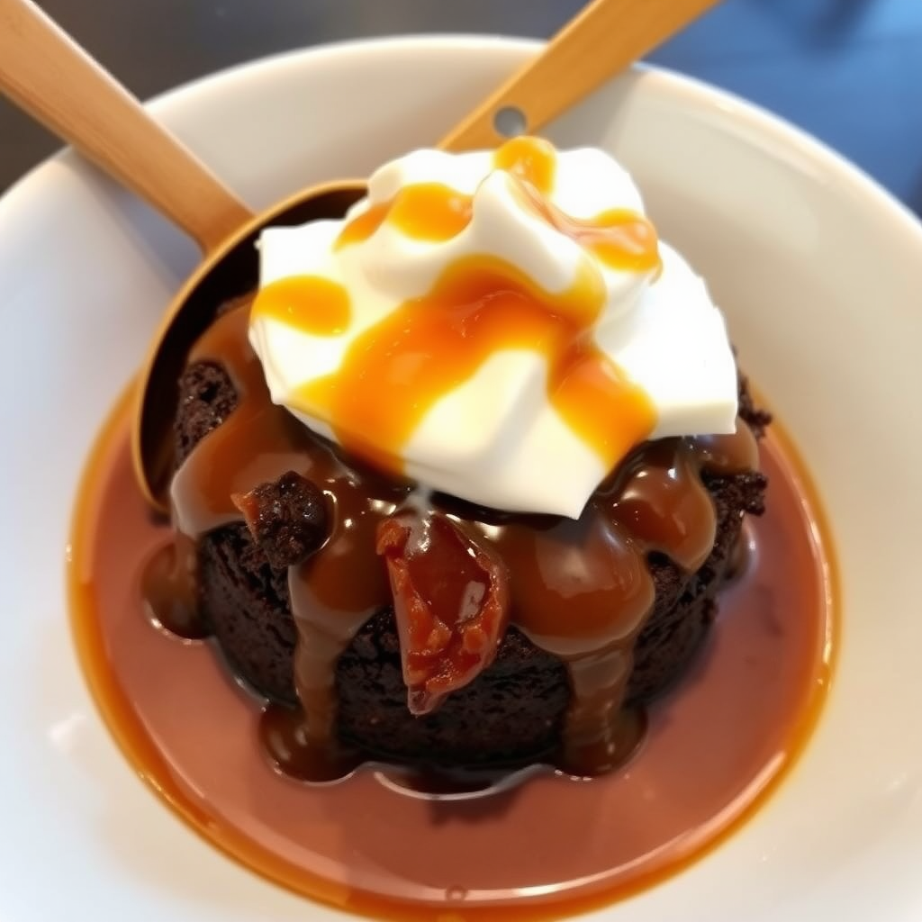A delicious dessert featuring warm chocolate cake topped with a rich caramel sauce and a dollop of whipped cream served in a white bowl with a wooden spoon.