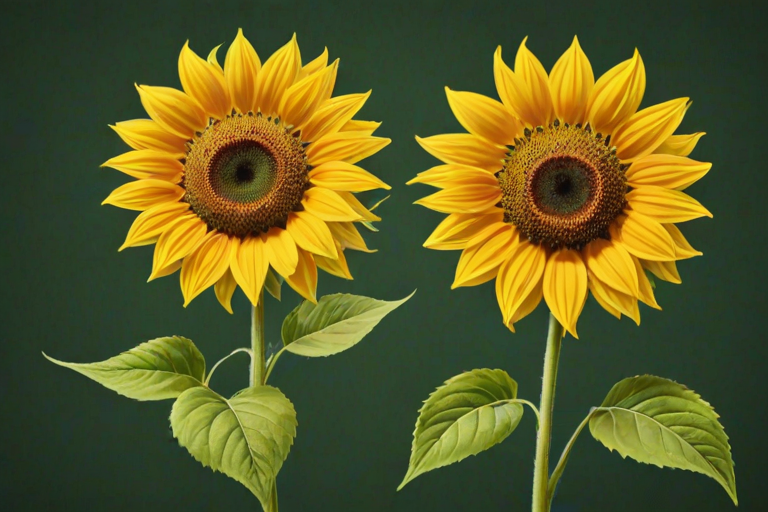 create a colorful illustration of two sunflowers with large yellow petals and brown centers, surrounded by green leaves against a solid background