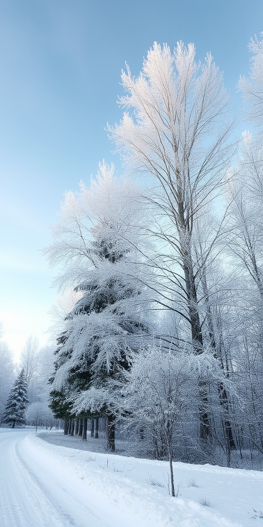 Winter landscape with frosted trees and a clear sky, shot with a DSLR camera at f/8 aperture, ISO 100, and a shutter speed of 1/200s, using a wide-angle lens from a low perspective to capture depth and detail.