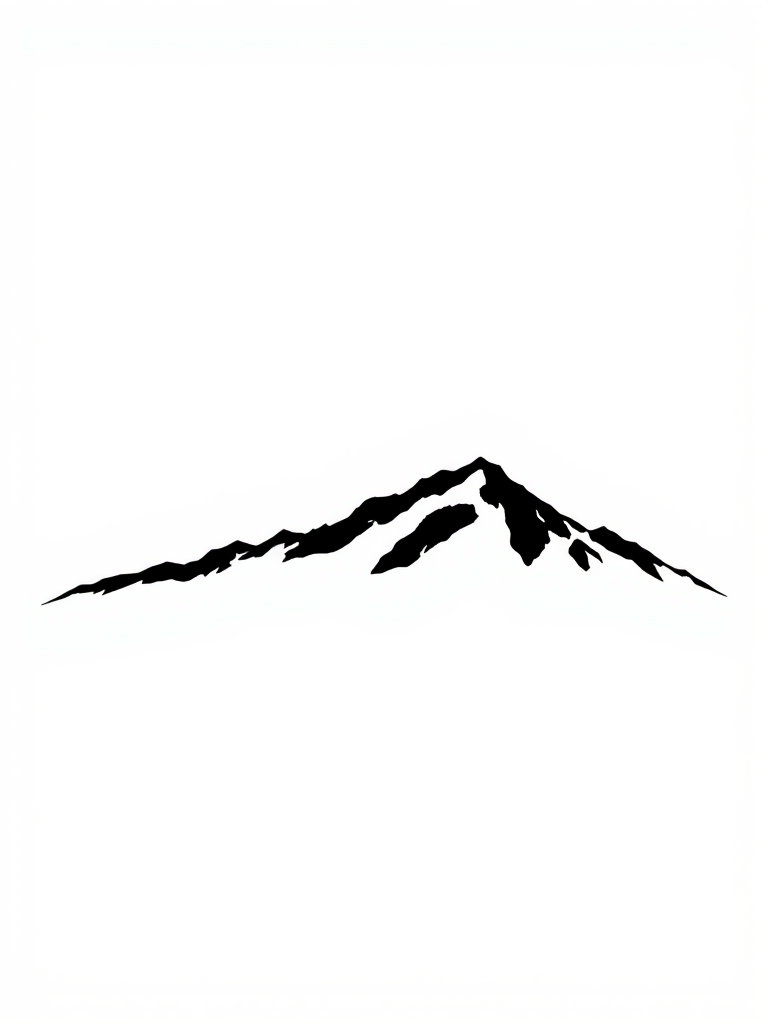 Create an illustration of a minimalist black silhouette of a mountain range against a white background, captured using a DSLR camera with a 50mm lens, aperture set to f/8, ISO 100, and a slight vignette effect to enhance the edges.