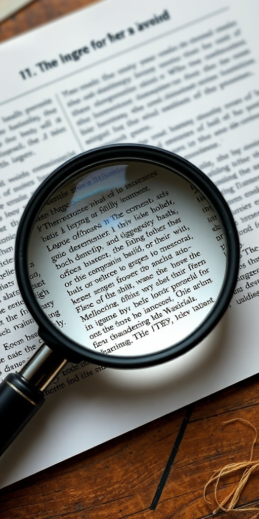 Create a high-resolution image of a magnifying glass over a piece of paper with text, using a DSLR camera at f/2.8 aperture, 50mm lens, shot from a top-down view, natural lighting, and a slight depth of field to emphasize the magnifying glass.