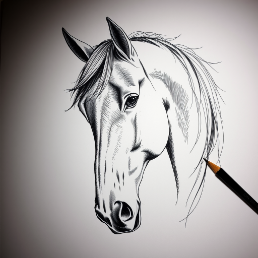 create a detailed ink drawing of a horse's head with intricate shading, use a Canon EOS R5 with a 50mm f/1.2 lens, aperture set to f/8, ISO 100, with a focus on fine details and sharp contrasts, in a studio lighting setup to enhance texture and depth