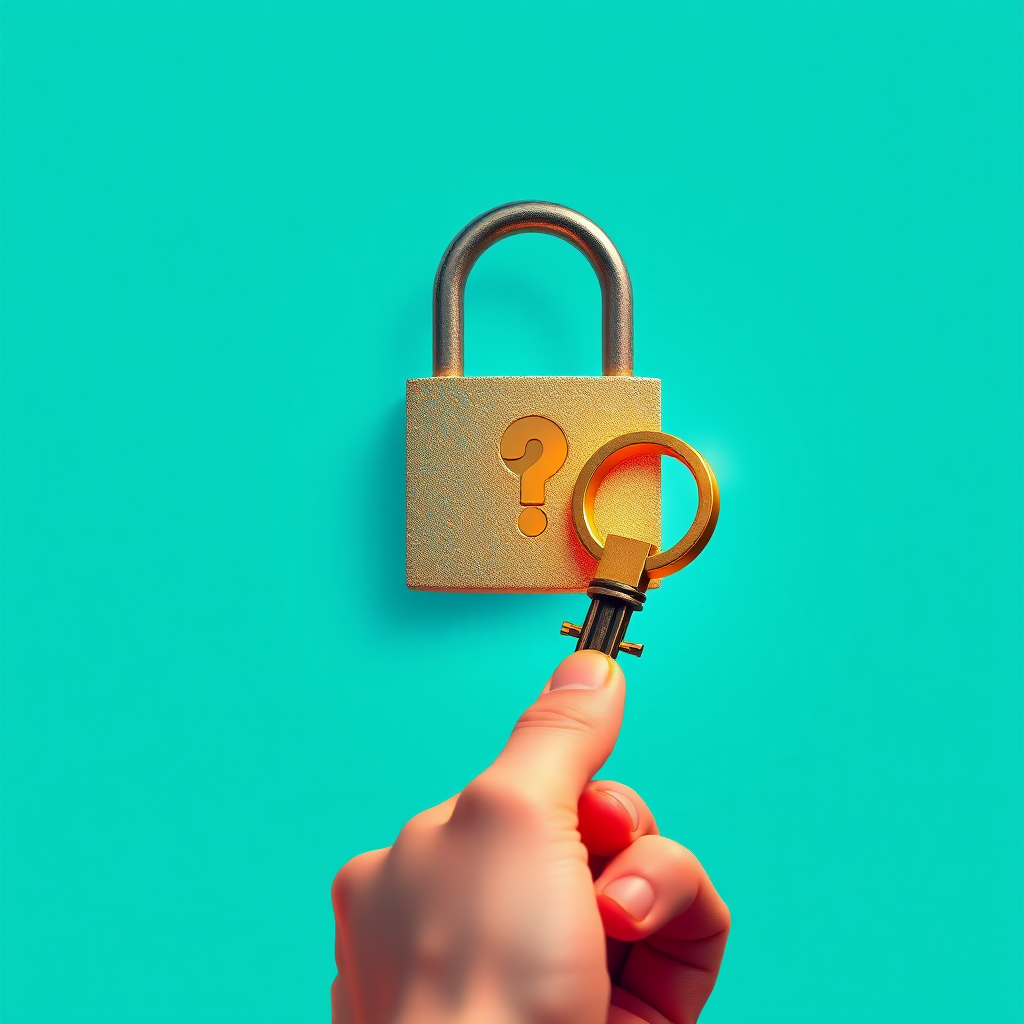 Create a digital illustration of a hand holding a key reaching towards a question mark lock on a vibrant turquoise background, using a Canon EOS R camera with a 50mm lens, f/1.8 aperture, ISO 100, and a shallow depth of field for enhanced clarity and depth.