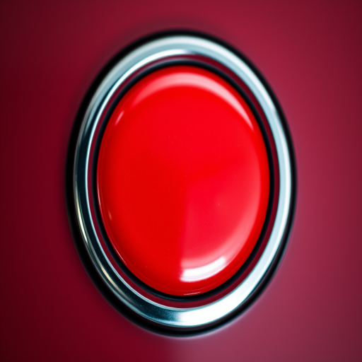 A glossy red button with a metallic silver border, captured in macro view using a DSLR camera, aperture f/2.8, shutter speed 1/100s, and ISO 100 for high detail and vibrant colors.