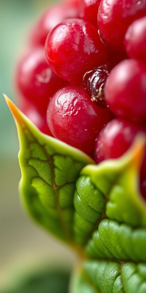 macro photograph of a ripe raspberry with a green leaf, shallow depth of field, f/2.8 aperture, 50mm lens, ISO 100, soft lighting, focus on the texture of the raspberry, blurred background