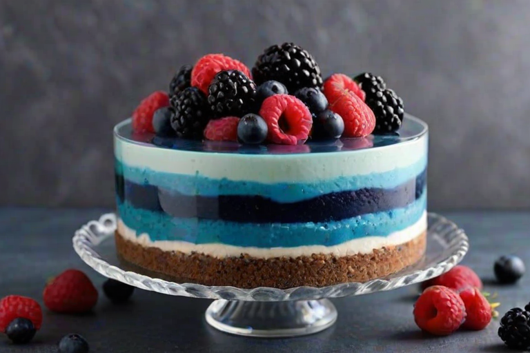 Create an image of a layered dessert featuring a blue jelly top with a pattern of dark berries, a smooth light blue layer beneath, and a creamy white layer at the bottom. The dessert is presented on a glass cake stand, with a textured dark gray background and some colorful flowers nearby for decoration.