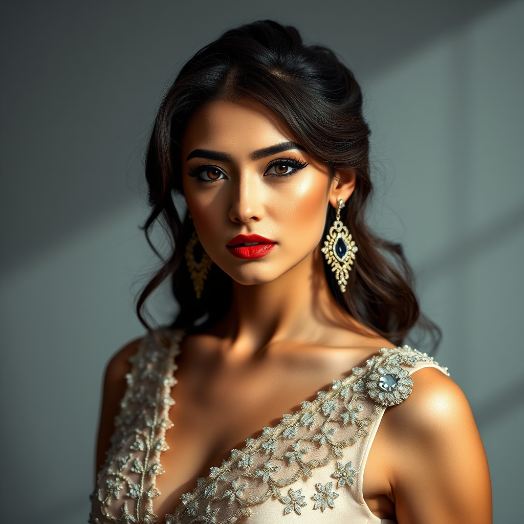 Studio portrait, female model, elegant couture dress, bold makeup, dramatic lighting, Utilize a 50mm portrait lens for crisp details and a soft background blur, 8k