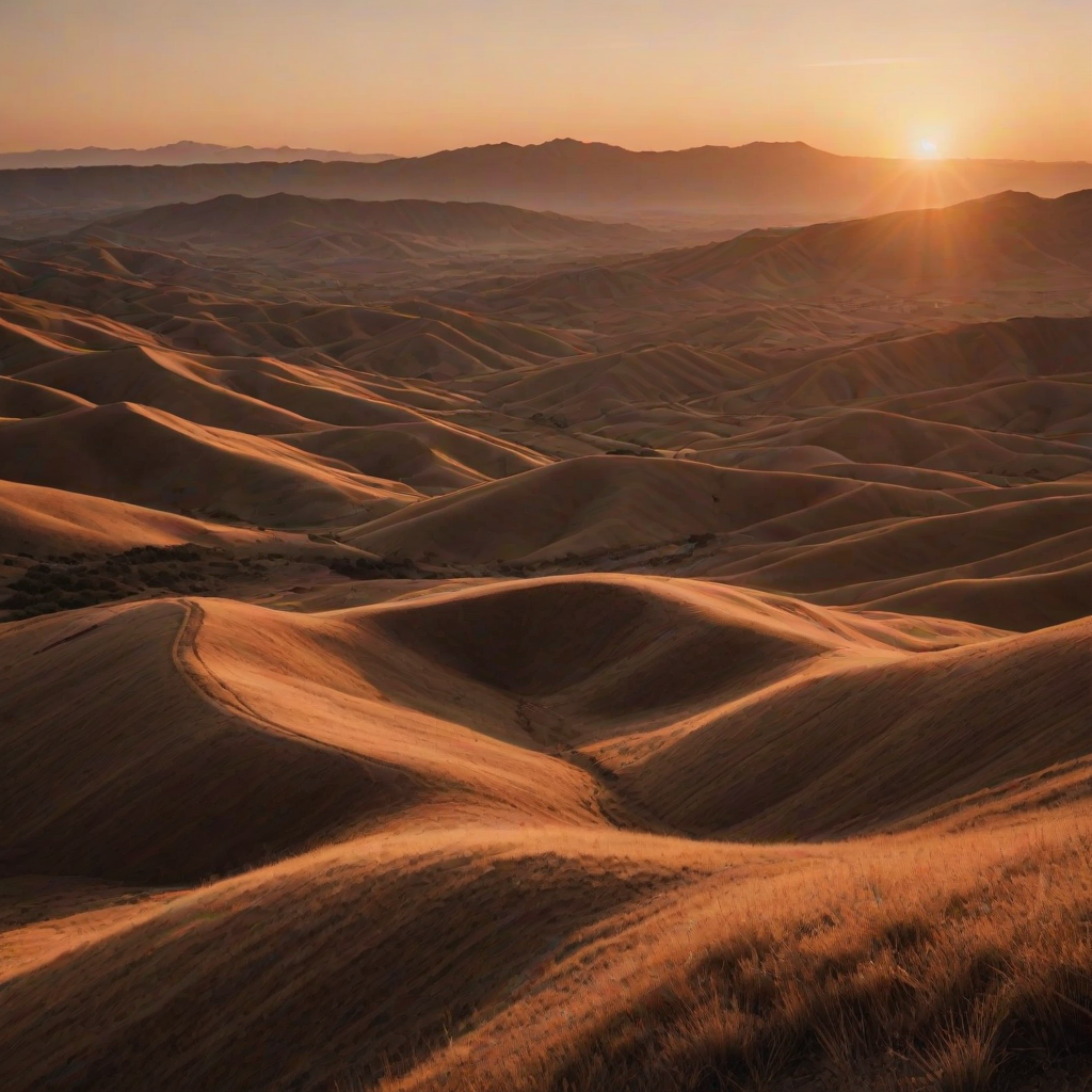 create a smooth gradient landscape at sunset with rounded hills and a large sun in warm earthy tones, shot with a Canon EOS R5 at f/8, 1/60s, ISO 200, wide-angle lens, top-down view, soft focus for a vintage aesthetic