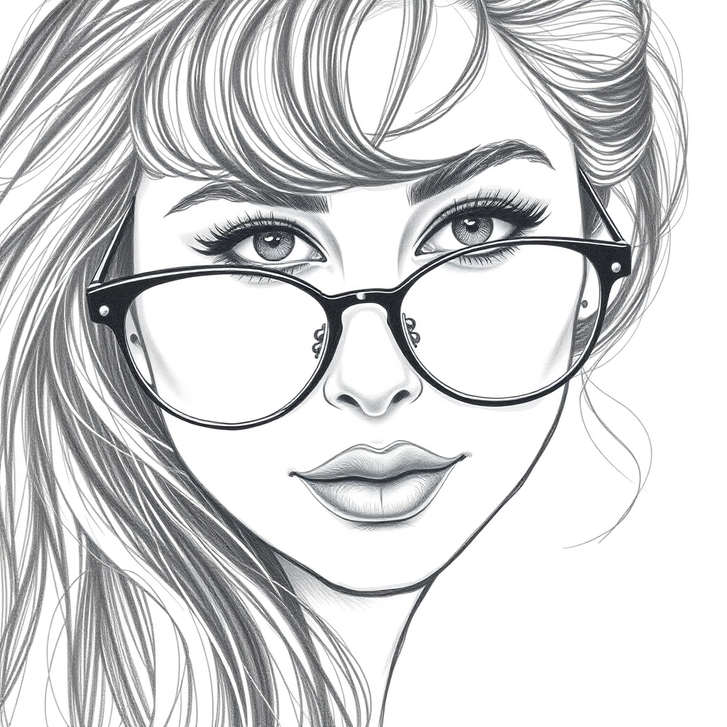 Lovely Ashley Benson, pencil sketch, portrait of Attractive woman 1960s in glasses, hair style beatnik, outline, clear lines, fine lines, 8k