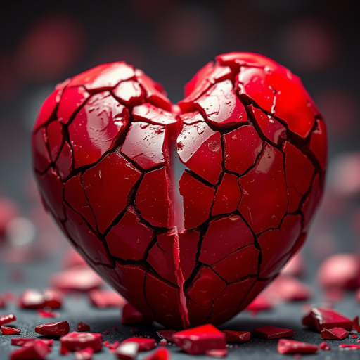 Create a highly detailed and vibrant image of a shattered red heart, showcasing the textured fragments and deep cracks, with dramatic lighting emphasizing the pieces, using a macro lens at f/2.8 for shallow depth of field, ISO 100, shutter speed 1/250, with an upward angle and a soft bokeh background.