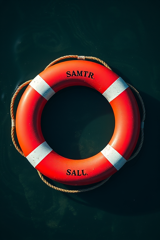 Create a high-resolution image of a lifebuoy ring with red and white colors, using a DSLR camera, 50mm lens, f/2.8 aperture, 1/100 sec shutter speed, and a shallow depth of field, with a top-down view and natural lighting to enhance detail and clarity.