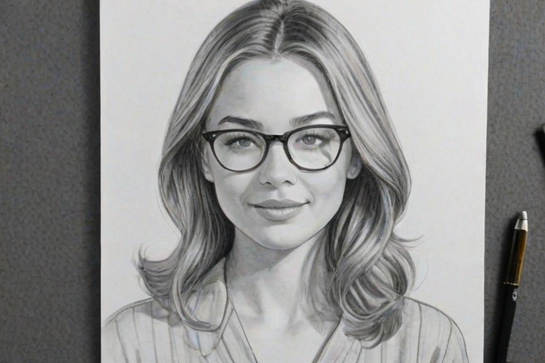 Splendid Katrina Bowden, pencil sketch, portrait of Radiant woman 1956s in glasses, hair style beatnik, outline, clear lines, fine lines, 8k