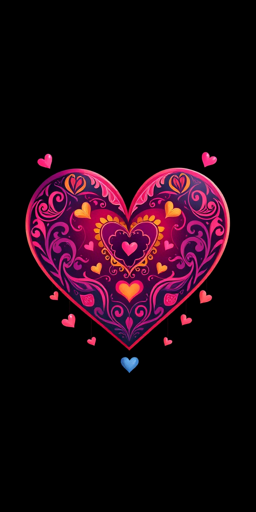 Create a vibrant illustration of a large, decorative heart with intricate patterns and smaller hearts in a playful style, set against a solid black background, using a digital drawing tablet with a resolution of 300 DPI. Focus on bright colors and high contrast, capturing fine details with a soft brush effect. Utilize a top-down view for added depth, mimicking a canvas art style.