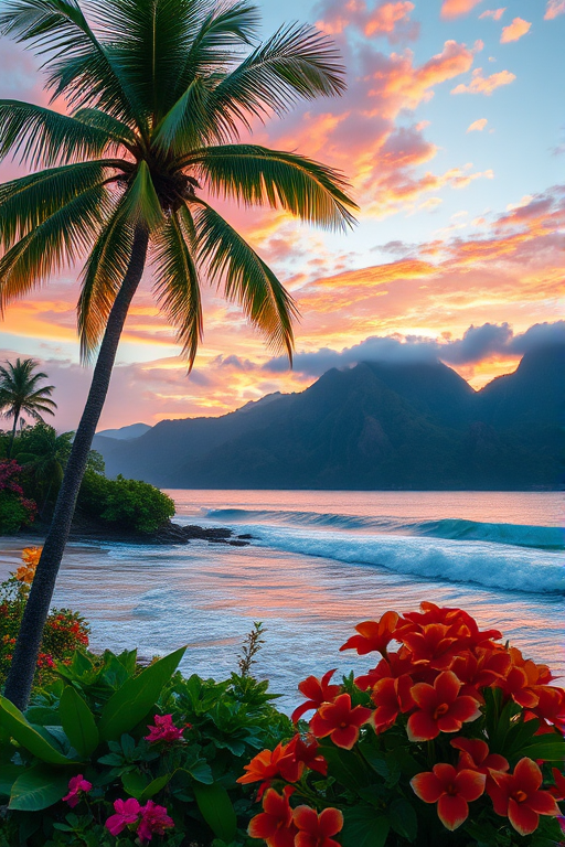 tropical island scene with a tall palm tree, vibrant flowers in the foreground, crashing waves, mountains in the background, sunset sky with colorful clouds, shot with a DSLR camera, 50mm lens, f/1.8 aperture, ISO 100, 1/200 sec shutter speed, vibrant colors and high contrast for enhanced quality