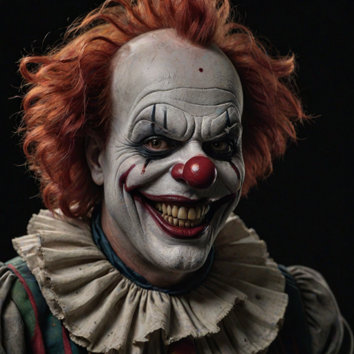 Create a hyper-realistic, dark, and eerie clown with a sinister smile, set against a black background. The clown should have exaggerated makeup with sharp, contrasting colors to enhance its menacing appearance. The overall atmosphere should be unsettling and intense, capturing a sense of horror and suspense