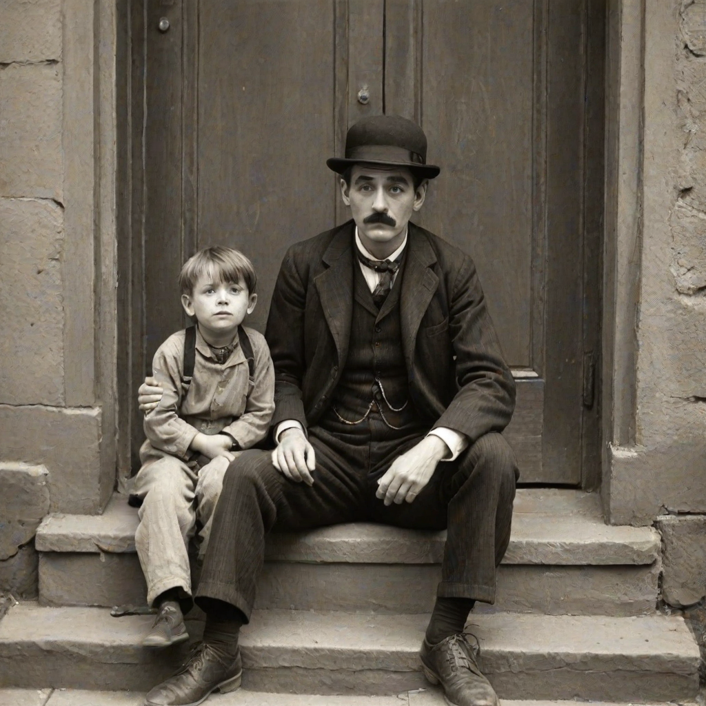 A black-and-white photograph of a man and a child sitting on steps in front of a doorway. The man is dressed as a tramp with a bowler hat, mustache, and ragged clothes, reminiscent of Charlie Chaplin's iconic look. He is sitting with his arms crossed and an expression of slight sadness or frustration. Next to him is a young boy, also in worn clothes and a cap, sitting with his hands clasped, looking thoughtful. The background is an old, textured wall and a partially open door, creating a vintage, early 20th-century atmosphere.