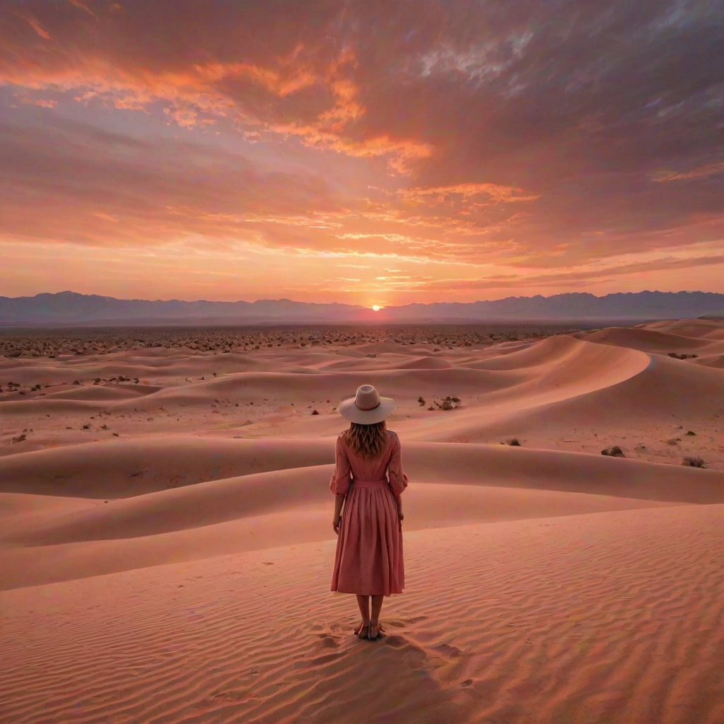 Sunset over a sprawling desert, the sky ablaze with orange and pink hues, a woman in a wide-brimmed hat stands on a sand dune, gazing out over the endless horizon.