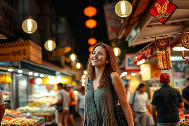 Bustling night market, with hanging lights illuminating the scene, a woman in a casual dress browses stalls selling exotic foods and handcrafted trinkets, her smile reflecting the festive energy.