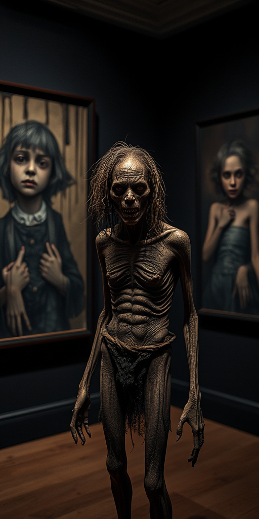 Create an image of a dark, eerie museum exhibit featuring a haunting, emaciated figure with long, unkempt hair and a distressed expression, standing in front of surreal, dark-themed artwork with drips of a viscous substance on the walls, captured with a Canon EOS R5 at f/1.8, ISO 400, 50mm lens, with soft focus and dramatic lighting to enhance the eerie atmosphere.
