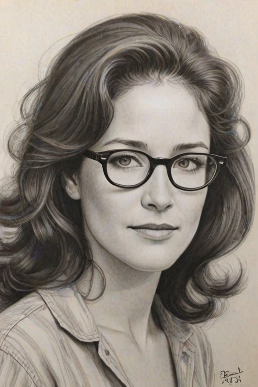 Gorgeous Debra Winger, pencil sketch, portrait of Charming woman 1958s in glasses, hair style beatnik, outline, clear lines, fine lines, 8k