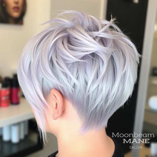 Icy silver pixie cut with lavender undertones, crafted by "Moonbeam Mane" salon, showcasing a textured, feathered top with closely tapered sides and nape, enhanced by a subtle metallic sheen that gives the illusion of starlight captured in hair.