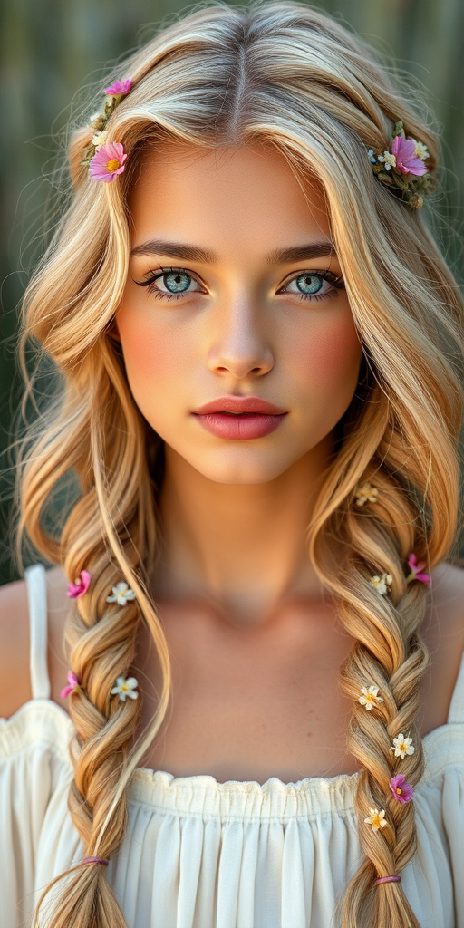 Create an image of a young Hispanic woman with long, wavy blonde hair, adorned with small, colorful flowers woven into her braids and loose strands. Her complexion is fair, with soft, glowing skin, and she has light blue eyes that gaze softly at the viewer. She wears a light, flowing dress with a gentle, ethereal quality, complementing her delicate and serene appearance. The background is slightly blurred, drawing focus to her tranquil expression and the intricate details of the flowers in her hair. The overall mood of the image is one of natural beauty and grace, evoking a sense of peacefulness and connection with nature.