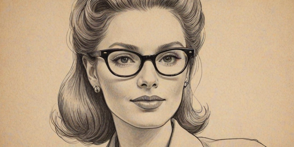 Splendid Ginger Gonzaga, pencil sketch, portrait of Elegant woman 1953s in glasses, hair style beatnik, outline, clear lines, fine lines, 8k