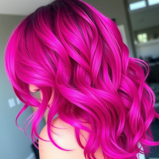 Vibrant magenta ombre hair cascading in loose waves, known as "Sunset Serenade," featuring subtle metallic highlights and a soft, feathered texture that catches the light beautifully