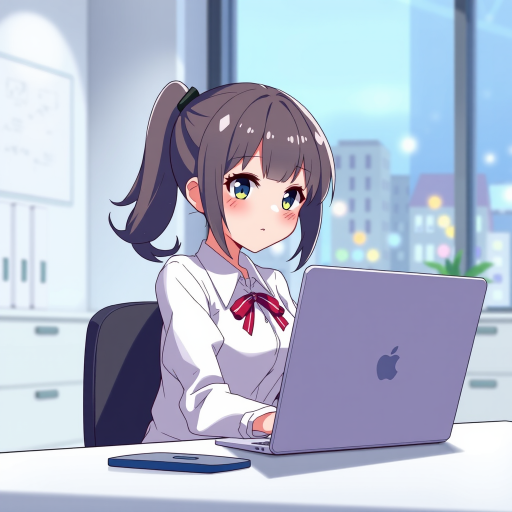 anime character sitting at a desk with a laptop in a minimalistic office setting, bright lighting, high-resolution, 85mm lens, f/1.8 aperture, shallow depth of field, soft focus background, digital illustration style