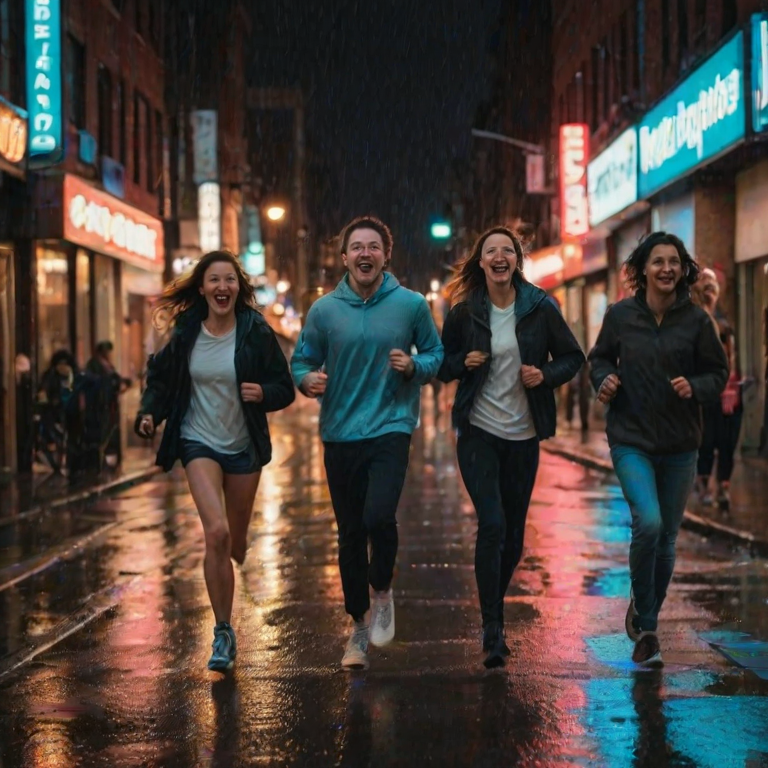 Blurry photo of a group of friends running down a city street at night, streetlights casting warm glows on their faces, laughter frozen in the moment, a soft rain falling, reflections of neon signs in the wet pavement, a distant sound of a honking car, soft shadows of buildings looming above.