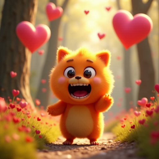 A fluffy orange creature with large eyes and a wide open mouth stands on a path in a whimsical forest, bright pink and red hearts float through the air, the creature has a surprised expression, the light is warm and soft, photorealistic, digital art, 3D style