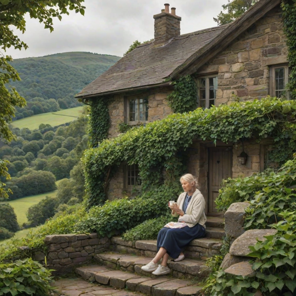 Old stone cottage surrounded by ivy, a woman sits on the front steps, sipping tea, with a view of the rolling hills and forests in the distance.