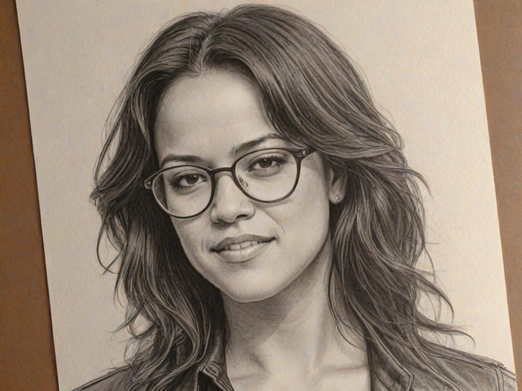 Exquisite Michelle Rodriguez, pencil sketch, portrait of Superb woman 1976s in glasses, hair style beatnik, outline, clear lines, fine lines, 8k