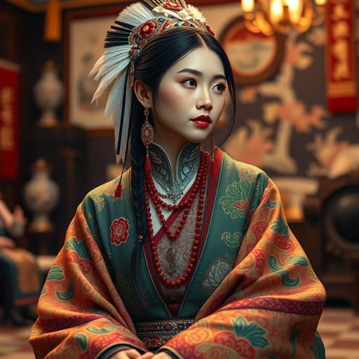 A beautiful First Nations woman in traditional East Asian attire, intricately detailed with embroidered patterns, sitting gracefully in a richly decorated room, soft ambient lighting, serene and elegant, ultra-realistic, 8K resolution