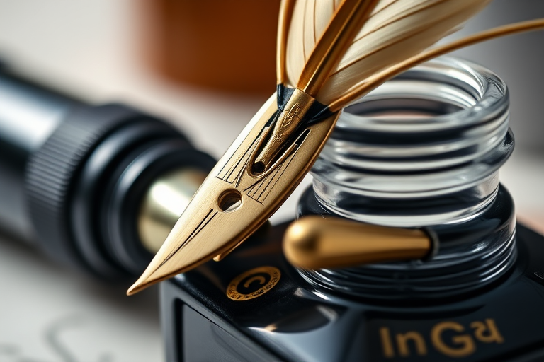 Capture a close-up shot of a fountain pen and a quill resting in an ink bottle, with a shallow depth of field, natural lighting, ISO 100, f/2.8, 50mm lens, DSLR camera, ensuring high clarity and detail in the textures.