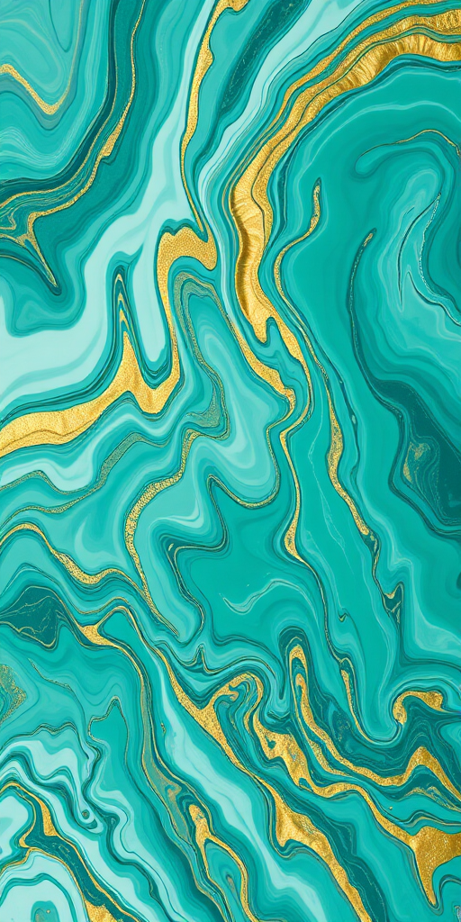 Generate a high-resolution abstract image of swirling teal, white, and gold marbled patterns with a focus on fluid dynamics, captured with a DSLR camera at f/2.8, ISO 100, 50mm lens, natural light, top-down view.