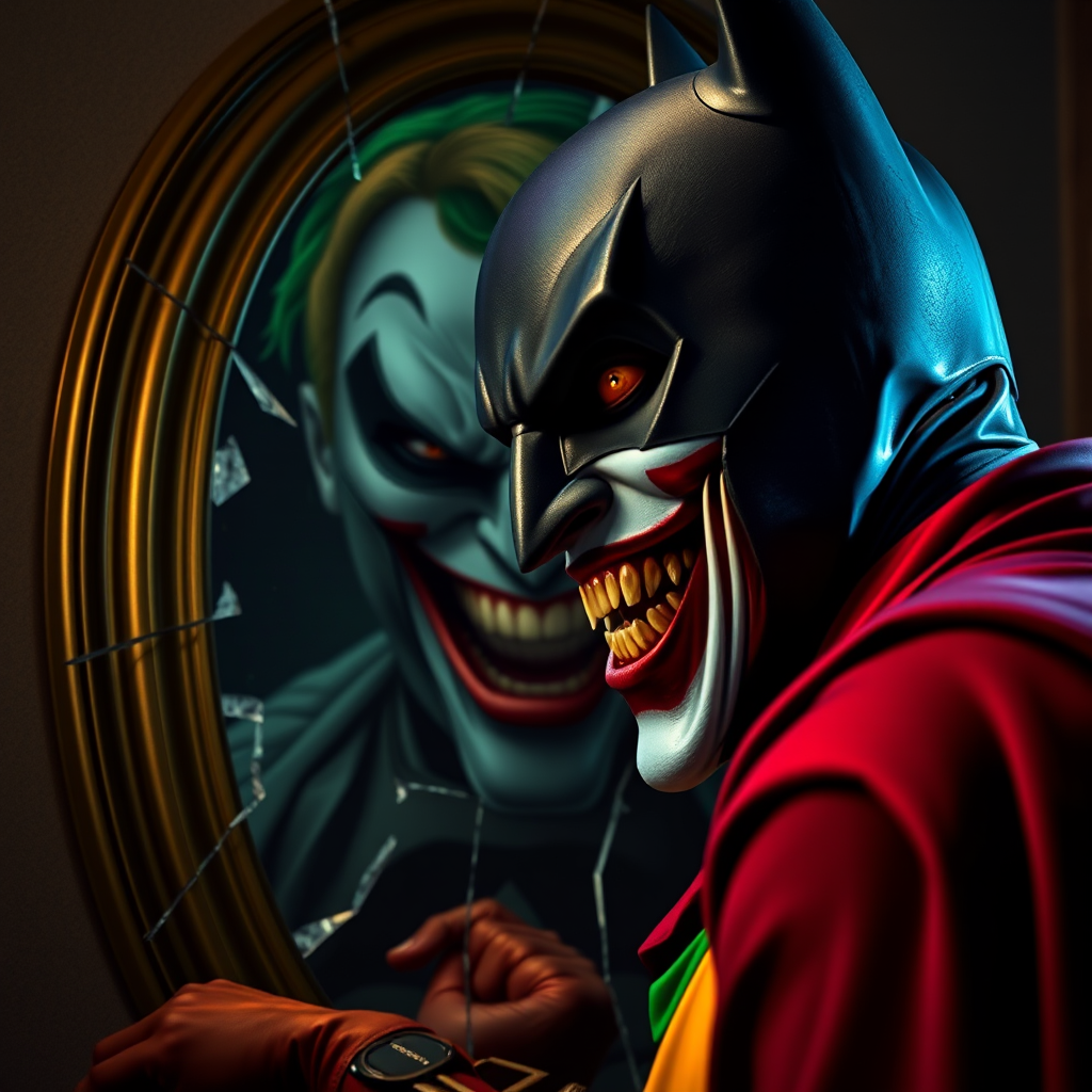 Merging elements of Batman and The Joker, this character portrays an evil, maniacal laughter, a sinister grin, and piercing eyes, accompanied by inhumanly sharp fangs. In a half-body portrait, Batman appears maniacal, gazing into a shattered mirror, his image rendered in Todd Phillips' unique style. The scene exudes an atmosphere of darkness, horror, and intense drama, with dramatic lighting and high-quality, hyper-realistic visuals. Inspired by the style of illusory wallpaper portraits, the image showcases colorful realism, exceptional attention to detail, and intricate hidden elements. The UHD, 8K resolution delivers a stunning image, combining realism and vibrant colors for an immersive, intense experience.
