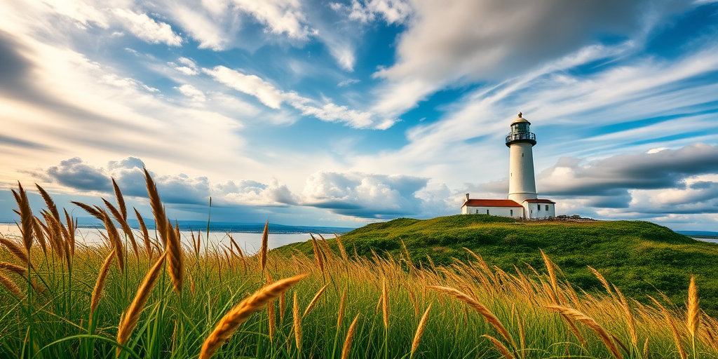 Capture a vibrant landscape of a lighthouse on a hill surrounded by tall grass, under a dramatic sky with dynamic clouds, using a DSLR camera with a 24mm lens, aperture f/8, shutter speed 1/125 sec, ISO 100, in landscape orientation to enhance depth and detail.