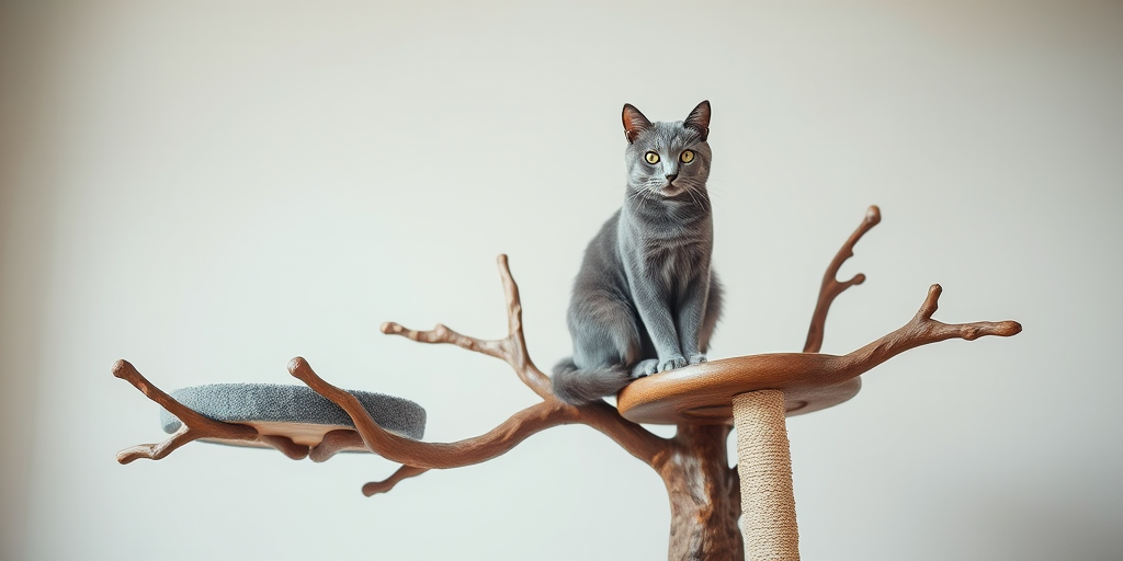 Create a high-quality image of a uniquely designed cat tree resembling natural tree branches with a sleek, gray cat perched on one of the platforms, taken with a Canon EOS R5 using a 50mm f/1.2 lens at ISO 100, f/2.8, and 1/125s, showcasing detailed textures and a soft, diffused background.