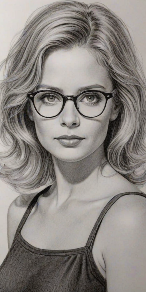 Stunning Ami Dolenz, pencil sketch, portrait of Dazzling woman 1924s in glasses, hair style beatnik, outline, clear lines, fine lines, 8k