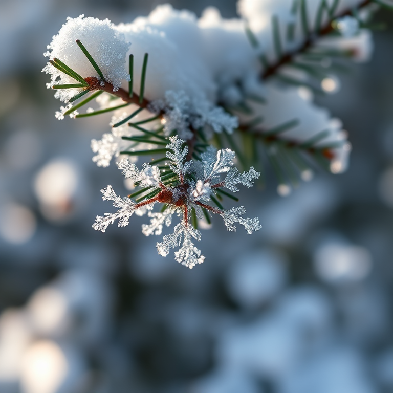 Close-up of a snow-covered pine branch with detailed snowflakes glistening in sunlight, captured with a Canon EOS 5D Mark IV, 50mm lens, f/2.8 aperture, ISO 100, natural light, shallow depth of field.