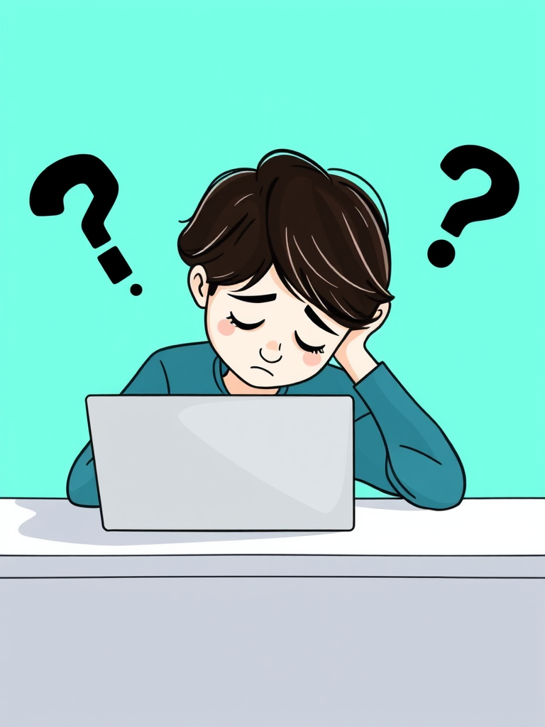 A digital illustration of a tired person with their head on a laptop, sitting at a desk, minimalist style, bright turquoise background, 50mm lens, f/2.8 aperture, ISO 100, soft natural lighting, high-resolution vector format.