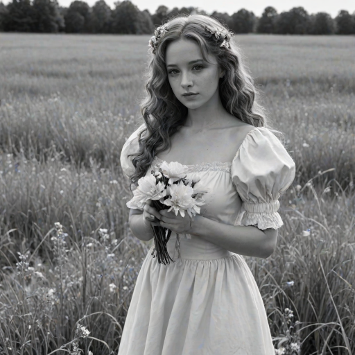 safe, sketch, monochrome, greyscale, 1girl, solo, long hair, curly hair, wavy hair, orange hair, orange eyes, looking at viewer, breasts, dress, white dress, puffy sleeves, puffy short sleeves, short sleeves, gloves, elbow gloves, white gloves, cowboy shot, closed mouth, standing, outdoors, field, flower, grass, plant, sky