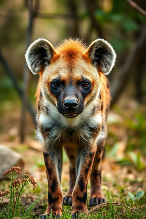 Create a high-resolution close-up of a hyena standing in a natural habitat, using a DSLR camera with a 50mm lens at f/2.8, ISO 100, 1/200s exposure, with a shallow depth of field to blur the background and enhance the subject.
