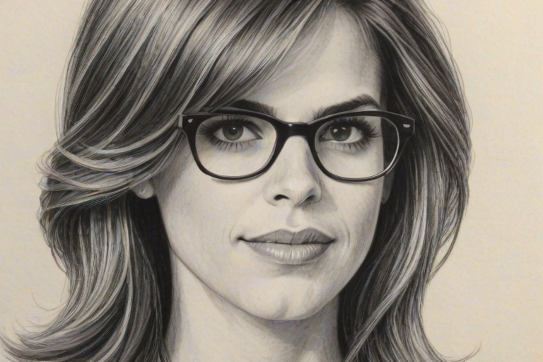 Enticing Natalie Morales, pencil sketch, portrait of Resplendent woman 1972s in glasses, hair style beatnik, outline, clear lines, fine lines, 8k