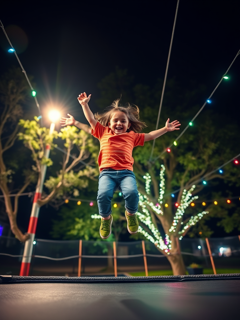 A joyful child jumping on a bungee trampoline at night, surrounded by colorful lights and trees, captured with a DSLR camera, 50mm lens, f/1.8 aperture, ISO 400, shutter speed 1/200s, low-angle view to enhance excitement and depth.