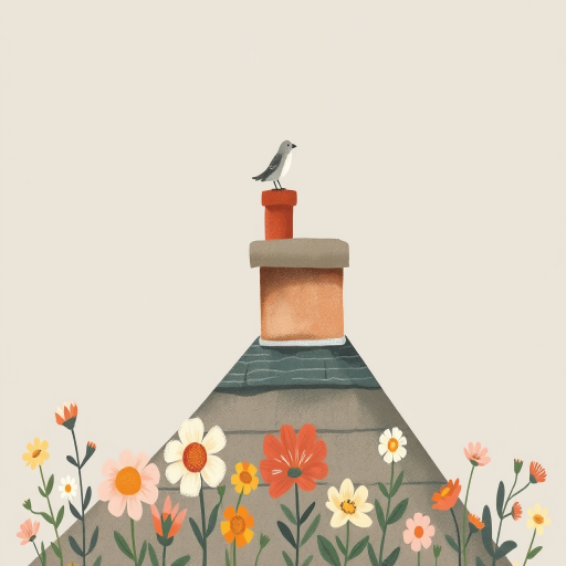 a whimsical illustration of a rooftop scene featuring a bird perched on a chimney, with stylized flowers in the foreground and a grey sky in the background, emphasizing a blend of soft colors and textures